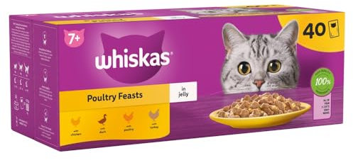 WHISKAS - 7+- Senior Wet Cat Food Pouches - 40 x 85 g - Poultry in Jelly - Bulk Cat Food Megapack - 40 Pouches
