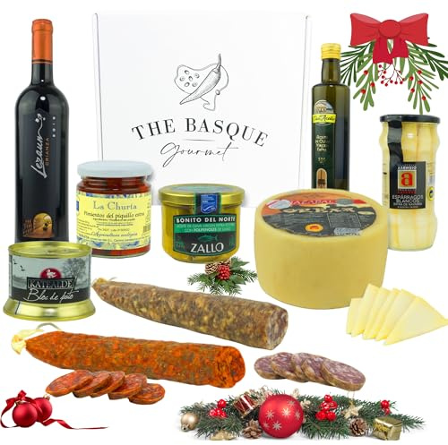 THE BASQUE gourmet- Lote para Regalar -Cesta Navidad de Productos de Euskal Herria - Queso Idiazabal, Pate, Chorizo, Espárragos de Navarra, Pimientos del Piquillo