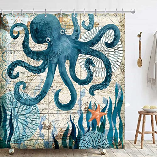 Hykiee Duschvorhang 180X180cm, Anti-Schimmel Duschvorhänge mit 12 Duschvorhängeringen, Shower Curtain Dusch Vorhang Blickdicht, Waschbar, Wasserdicht für Badewanne und Dusche (Oktopus)