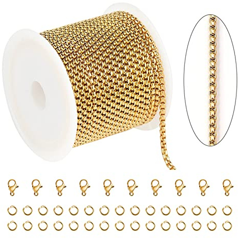 KYUNHOO 16.4 Feet Gold Plated Rolo Chain Spool 304 Stainless Steel Chain for Jewelry Making Beaded Box Link Chain Bulk for Necklace Bracelet DIY with Jump Rings and Lobster Clasps