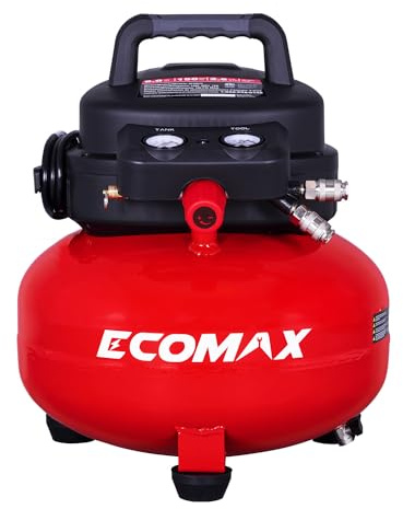 ECOMAX Air Compressor, Portable Air Compressor, 6 Gallon, Pancake Air Compressor, Max 150 PSI, 2.6 CFM @90 Psi, Oil Free Small Electric Air Compressor for Car, Home and Jobsite, Red Model: 0210673