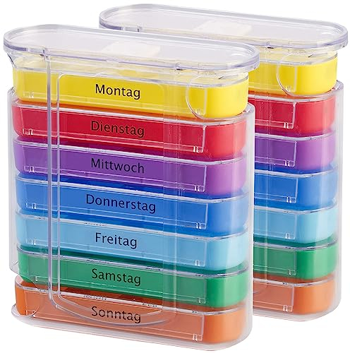 newgen medicals Medikamentenbox: 2er-Set bunte Medikamenten-Boxen für 7 Tage, je 4 Fächer, beschriftet (Tablettenbox, Pillenbox, Gesundheit)