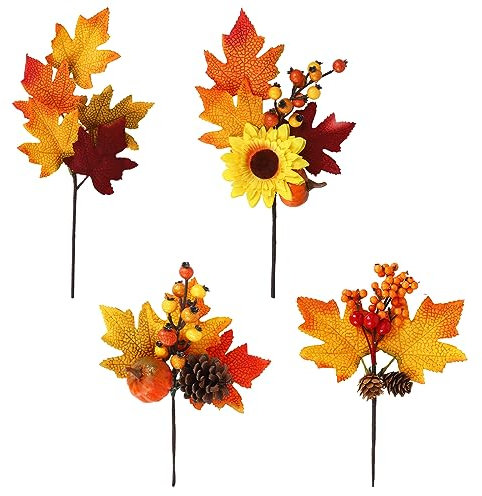 4 Pièces Feuilles d'érable artificielles d'automne Branches, feuilles d'érable de simulation, Fausses tiges d'automne Décoration Citrouilles Cones de pin Tournesols Baies pour Halloween Thanksgiving