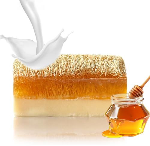 STORELUXY Savon au lait de chèvre et au miel 130 g avec fibre de citrouille naturelle faite à la main | Anti-âge, anti-rides, efficace contre l'acné et l'eczéma, riche en vitamine A, hydratant