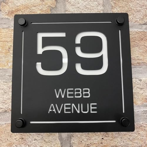 One of a Kind UK Personalised House Sign Custom Door Number Plaque for Outside with Street Name 180x180mm UV Stable Weatherproof Acrylic 7 Colour Options Modern Floating Design – Black