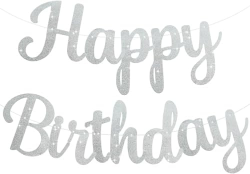 TONIFUL Silber Happy Birthday Banner KENO DIY 10Füße, Pre-Strung-Glitter Happy Birthday Zeichen, Happy Birthday Girlande, Happy Birthday Hintergrund, Happy Birthday Dekorationen für Frauen