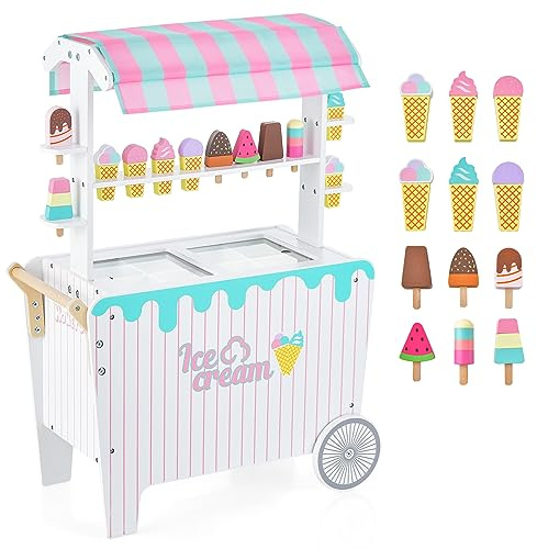 GYMAX Carrello dei Gelati per Bambini con 2 Ruote, Tettuccio Unico, Supporto per Commercianti con Ripiano Espositivo e Scomparto per il Congelatore, Giochi d'imitazione per Bambini 3 Anni+