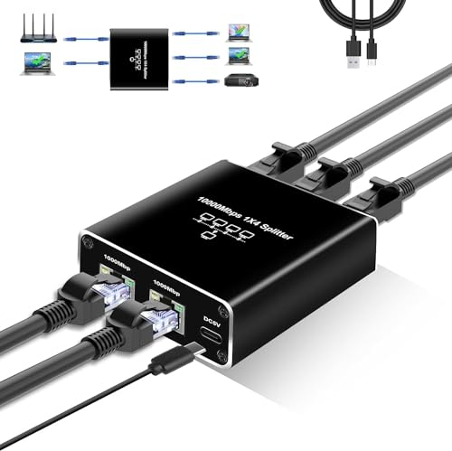 1000Mbit/s RJ45 Ethernet 1 auf 4 Splitter Adapter, 4 Ports zur Gleichzeitigen Nutzung, Hohe Geschwindigkeit Internet LAN Steckdosenverlängerung mit USB Typ-C Stromkabel