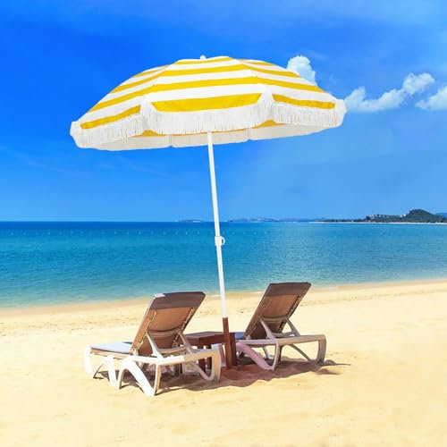 Parasol de plage Parasols de plage jaunes pour protection UV contre le sable Parasol de patio extérieur avec parasol à franges avec parapluie de marché inclinable Parapluie de piscine à hauteur régla