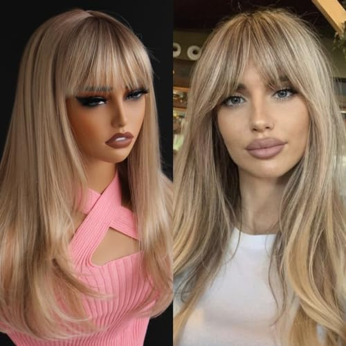 Aisom Bangs Highlight Perücke, blond, gerade, 2 x 1 Hd, synthetische Spitzenperücke für Damen, klebefreie Perücke, blond, 40,6 cm