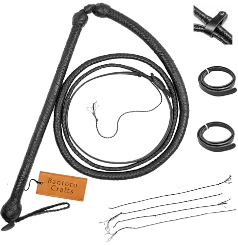 Bantoro Crafts Schwarz Stockpeitsche Peitsche aus echtem Leder 16 Zöpfe Stränge geflochtenes Leder Bauch aus Leder und Nackenrolle aus Leder innen Lautes Knallen der Peitsche