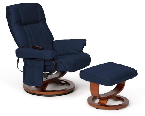 BOX FURNITURE Schwingsessel 2510 mit Fußstütze aus dunkelblauem Leder mit lackiertem Holzrahmen