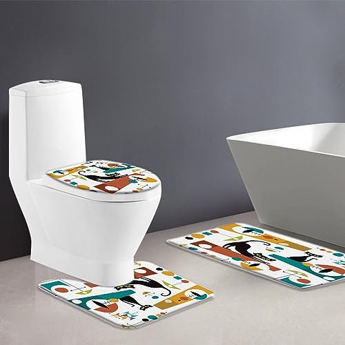 Badezimmer Vorleger 3-Teiliges Mid Century Katze Schwarz Teal Geometrisch Retro 50Er 60Er Vintage Wc Vorleger Set 3 Teilig U-Förmiger Teppich Waschbar Badezimmer-Garnitur