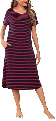 Litherday Camisón Mujer Largo Algodón Verano con Bolsillos Camiseta Dormir Rayas Manga Corta Suave Cómodo y Fresco para Casa y Dormir Tallas Grandes,Azul Oscuro Rojo, M