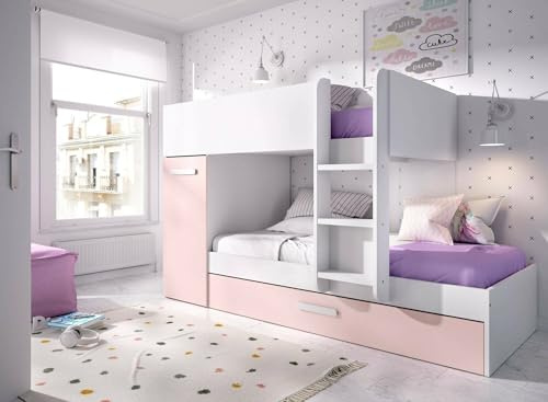 Dmora Composizione Camera Eiger, Stanza da Letto Completa, Cameretta per Bambini, Set per arredo a Ponte, 244x112 h150 cm, Bianco e Rosa