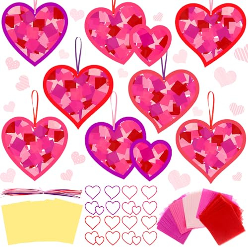 Motipuns 32 Sets Valentine's Day Suncatchers Paper Craft Set DIY Heart Shaped Window Stained Glass Effect Paper Art Kit for Valentines Mother's Day Art Projects Party Favors(Classic Style)