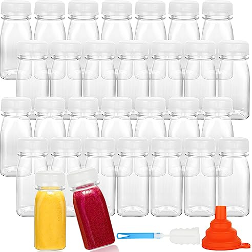 SENENQU Kleine Saftflaschen aus Kunststoff mit Deckel, transparente Trinkflaschen mit Trichter und Bürste, leere Smoothie-Flaschen für Milch, Wasser, Getränke, 120 ml, 30 Stück