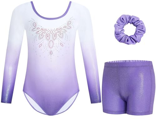Gogokids Mädchen Dreiteilige Gymnastikanzüge, Langärmliges Gymnastik Set mit Shorts und Haarband, Glitzernde Balletteinheitstrikots - Gymnastik Outfit mit Farbverlaufdesign für 3-12 Jahre