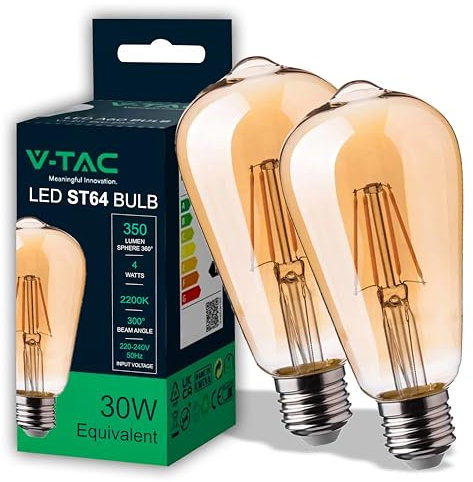 V-TAC 2x Ampoule LED Filament ST64 culot E27-4W (équivalent 30W) - 350 Lumen - Lot de 2 Ampoules LED Vintage en Verre Ambré - Efficacité Maximale et Économie d'Énergie - 2200K Blanc Chaud