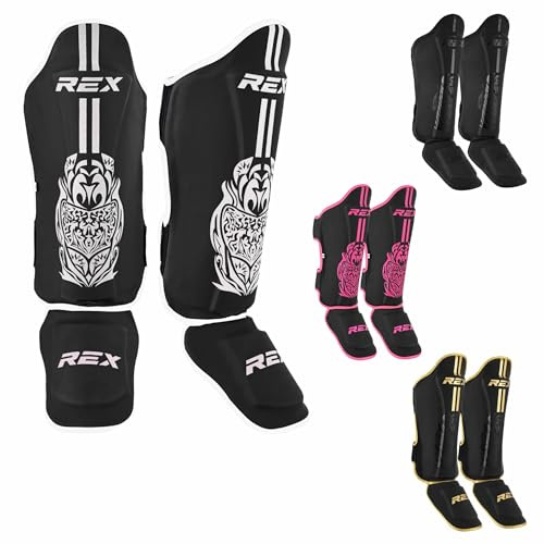 Rex Sports Endurance Shin Guard Instep for Kickboxing, MMA fighting pads, kickboxing shinpads, Muay Thai Leg pads, Rexene Leather Boxing protection for legs (WHITE/BLACK, M)