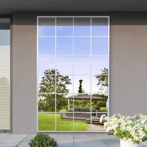 MirrorOutlet The Genestra - White Modern Window Garden Full Length Garden Wall Mirror 69 X 43 (174CM X 110CM) Silver Mirror Glass with Black Metal Frame.