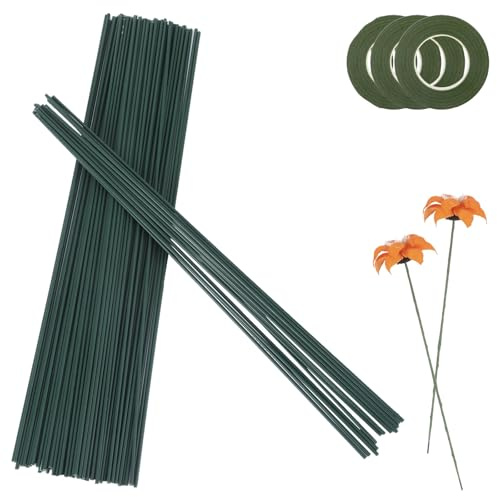 100 Stück Blumendraht Grün, 30cm Blumenstamm Steckdraht Floristik, Grün Basteldraht 2mm mit 3 Bände Floristenband, Draht zum Basteln für Die DIY-Blumenstraußherstellung(100)