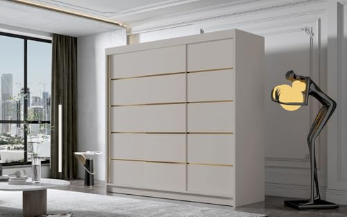 Gaba furniture Gold Series 200 cm Cashmere Sliding Door Wardrobe Widths 100/120/150/180/200/250 cm Furniture for Bedroom Living Room Wardrobe with Hanging Rail White/Black/Cashmere