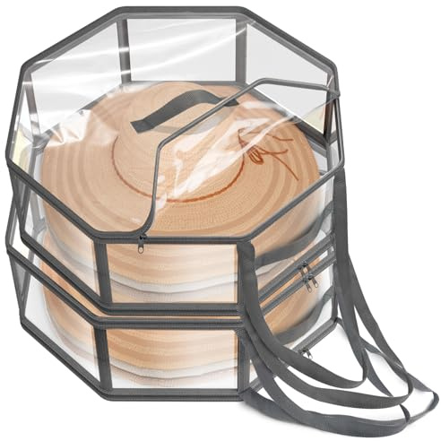 VERONLY 2Pack Hat Box Storage Organiser for Travel, Collapsible PVC Storage Box for Cowboy Cap with Handles, Round Hat Boxes for Women and Men 40x18 CM (Grey)