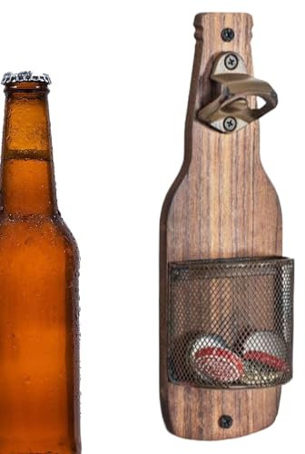 Abrebotellas de pared, abrebotellas con recipiente integrado en la tapa, decoración vintage con tapón para botellas, utensilios de cocina de madera para mujeres, hombres y armarios de cocina