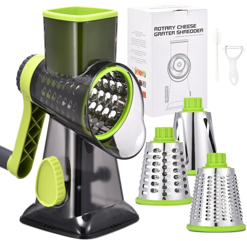 Rotary Cheese Grater with Handle Kitchen Shredder Slicer Grater Slicer Ice Shaver Cheese Vegetable Nuts Potato Zucchini Chocolate 3 Interchangeable Blades (Green TSP)