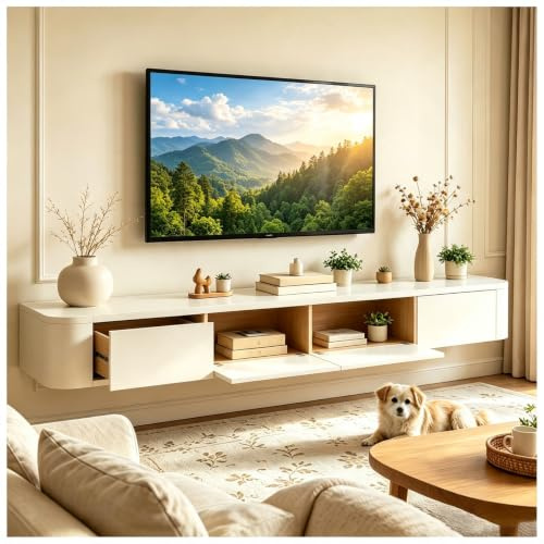 JUNFUNNLE TV Lowboard Hängend 240cm Weiß, Schwebender TV Schrank für Wohnzimmer, Modernes TV Board Hänge mit 2 Schubladen 2 Klappen Türen, Wandmontage TV Möbel (Bereits montiert)