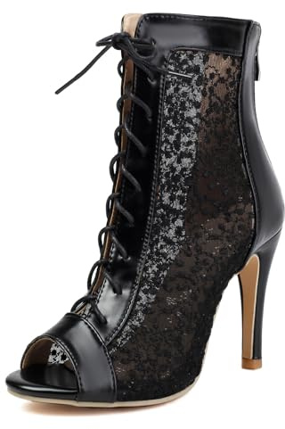 Pixoecuty Peep Toe Dentelle Bottines Back Fermeture éclairper Stiletto Talon Hauts Cheville Jazzi Bottes Noir EU Size 45