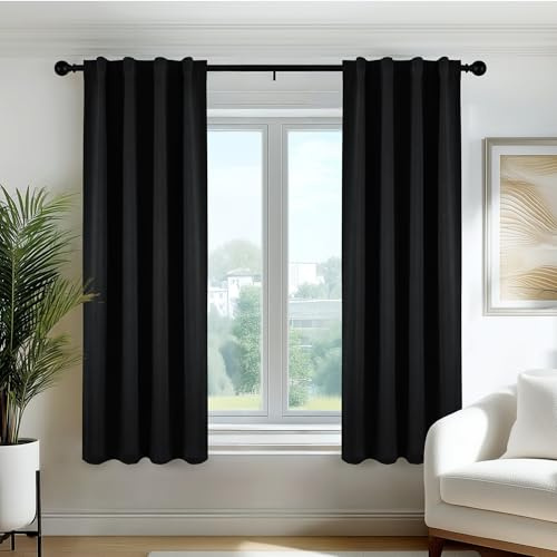 Deconovo Verdunkelungsvorhänge Blickdichte Gardinen mit Kräuselband Schlaufen Vorhang 3-in-1 Thermo Vorhänge gegen Hitze Curtains für Wohnzimmer Schlafzimmer, H150 x B55 cm, Schwarz, 2er Set