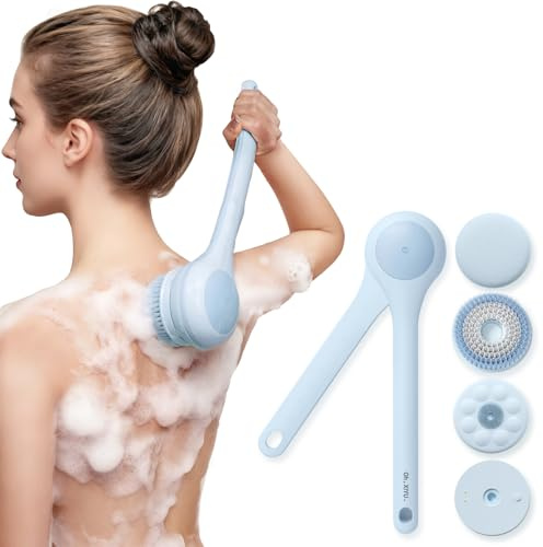 Back Scrubber, Electric Body Scrubber, Dry Brush, IPX7 Waterproof Body Brush Rechargeable USB Charging with Long Handle, Lotion Applicator for Back, Perfect Christmas Gift - Sky Blue