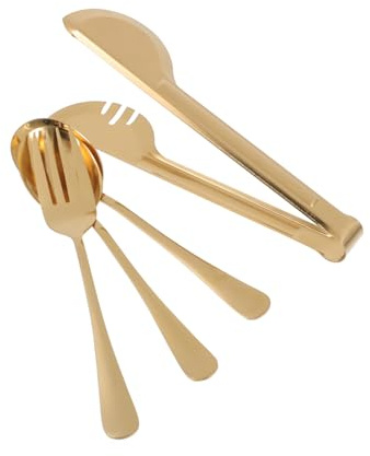 FUNNETOYU Pinzas Para Alimentos y Cubiertos De Acero Inoxidable Dorados 4 Piezas, Cuchara Sopera y Tenedor, Juego Multifuncional Para Servir En Casa, Vajilla Para Uso Doméstico