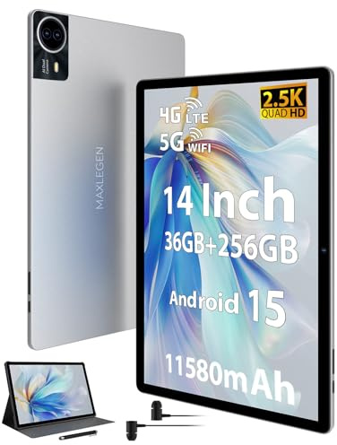 MAXLEGEN Tablet 14 Zoll, 2.5K Touch Display, 36GB RAM+256GB ROM 1TB TF SIM Tablet, 4G LTE+5G WiFi, Android 15, Octa-Core, 4 Lautsprecher, 13MP, 11580mAh, GMS, GPS, Tablets mit Pen/Hülle/Kopfhörer