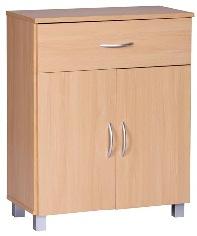 FineBuy Schuhschrank 60x30x75 cm Buche-Optik, Schublade 2 Türen | platzsparende Schuhkommode aus beschichteter Spanplatte, Schuhregal für kleine Flure, kompakt