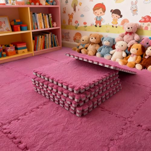 12 Stück Teppichboden Schaumstoffmatte, Plüsch Teppichfliesen, Ineinandergreifender Wohnzimmer Memory Foam Teppich (Rosa)