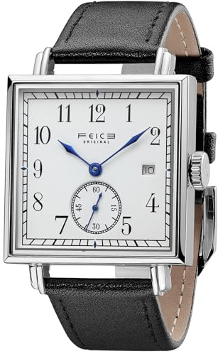 FEICE FM311 Unisex Eckig Mechanische Uhr mit Saphirglas Lederarmband Ø34mm | Automatikwerk Armbanduhr, Arabische Ziffernanzeige, Sekundenanzeige-Hilfszifferblatt, Datum