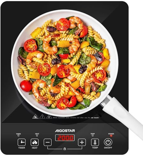 Aigostar Induktionskochfeld 1 Platte, Ultradünn 5cm, 2000W, Touch-Control | Induktionskochplatte 10 Temperatur-/Leistungsstufen, 3H Timer, Auto-Topferkennung, Kindersicherung, Tragbar für Küche Camping