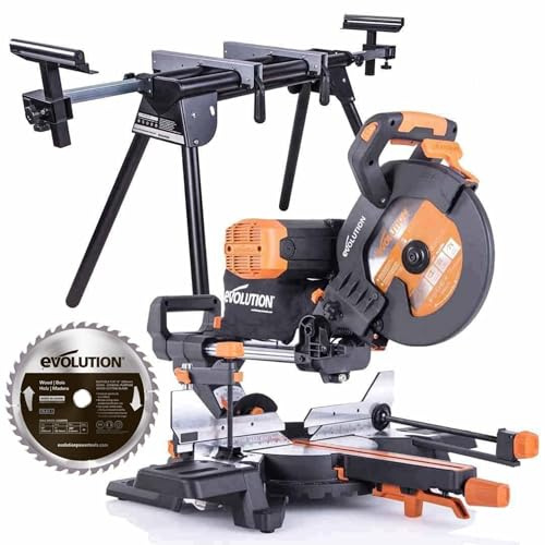 Evolution Power Tools R255SMS-DB+ 255mm Mitre Saw, Saw, Double Bevel Sliding Mitre Saw, Multi-Material Cuts Metal, Wood, Plastic & More - with Plus Pack Includes Clamps, Double Bevel & Stand Bundle