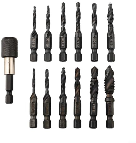 Hasaller Juego de 13 brocas con adaptador de cambio rápido para perforación de metal y roscado SAE 6-32NC a 1/4-20NC métrico a M10 brocas recubiertas de óxido negro de acero alto