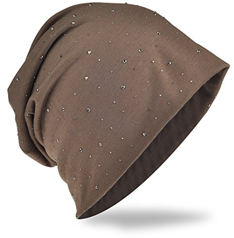 Miobo Jersey slouch beanie lång mössa med ädel strass stjärna nitar applikation unisex enfärgad män kvinnor trend, gråbrun, En Storlek