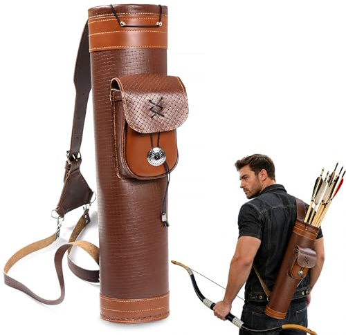 TOPARCHERY Traditional Shoulder Back Quiver Bow Leather Arrow Holder with Large Pouch Handmade Straps Belt Bag Brown