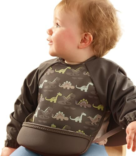 Bibetta Ultrabib - Weaning bib with sleeves - Premium Neoprene for Comfort - Waterproof - Baby bibs with Crumb Catcher Pocket for Feeding Toddler & Babies - Roll Up and Machine Washable (Dinosaurs)