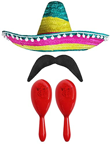 Medikansk fanciy klänning tillbehör set – MEXIKAN SOMBRERO med maracas och skärm – perfekt för mekaniska fläktdylister (flerfärgad POM POM SOMBRERO + 2 X RÖD MARACAS)