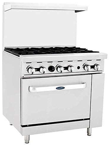 Atosa CookRite AGR-6B-LP 36 Gas Range with Full-Size Oven, Over Shelf and Backsplash Cooker Stove | 6 Cast Iron / 1 Oven Burner | Heavy Duty Stainless Steel, 219,000 BTU, Liquid Propane (LP)