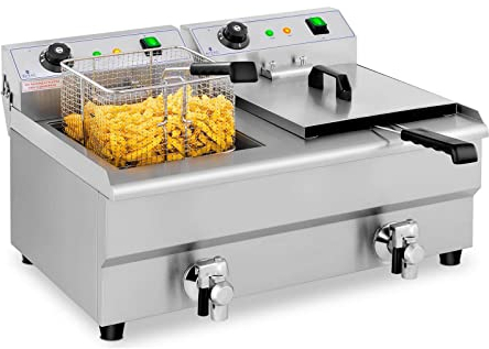 Royal Catering Elektro-Doppel-Fritteuse Edelstahl Doppel-Fritteuse (2 x 3200 W, Kapazität: 2 x 13 l, Temperaturbereich: 50-200 °C, Kaltzone, mit Ablasshähnen)