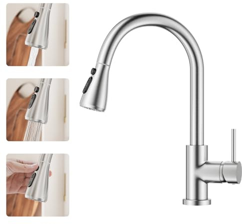 BESy Küchenarmatur mit Ausziehbarer Brause (3 Modi) in Gebürstetem Nickel | 360° schwenkbarer Edelstahl-Wasserhahn, Einhebel-Mischbatterie für Spüle, Hochdruck-Auslauf mit hohem Bogen