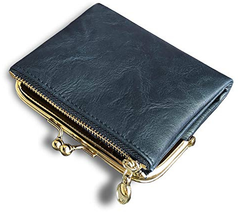 Aoxonel Geldbörse für Damen, klein, RFID, kompakt, doppelt gefaltet, Leder, Vintage-Stil, Münzgeldbörse mit Reißverschluss und Kussschloss (Blau)